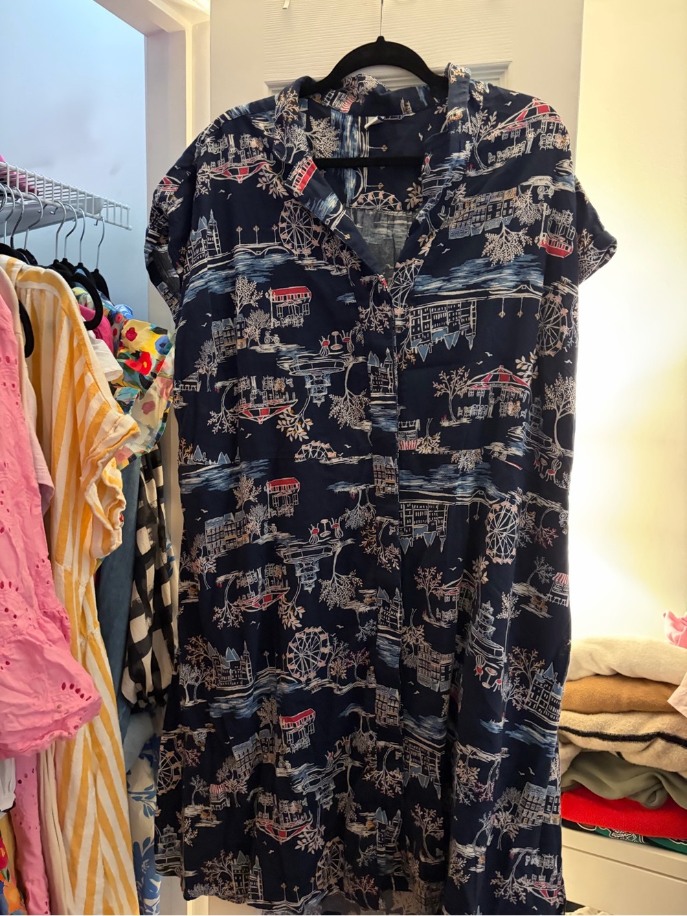 Old Navy Navy Blue Scenic Print Midi Dress 2X Fabric Belt Included